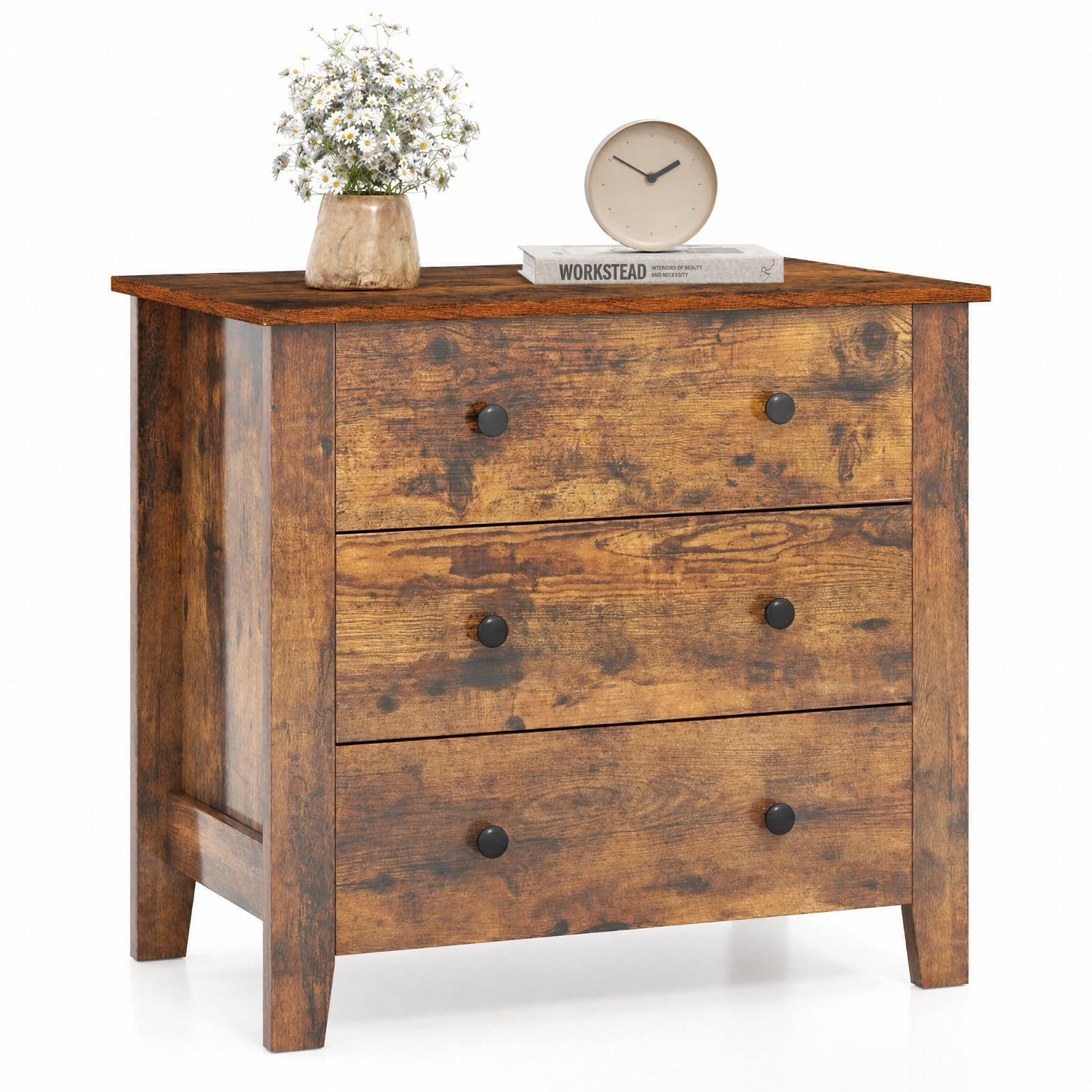 Furnibear 3 Drawer Dresser Chest of Drawers Bedside Table for Bedroom Closet Living Room Nursery Clothes Storage, Rustic Brown