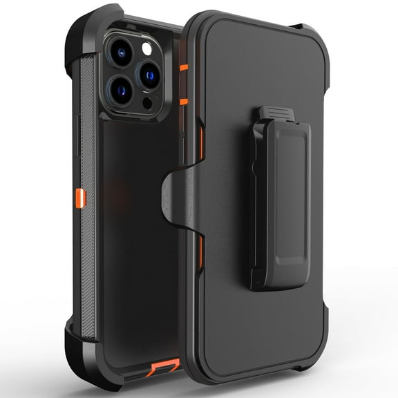 Hotpom for iPhone 15 Pro Max Case Heavy Duty Shockproof Dust/ Drop Proof Full Body Protection Women Men universal Phone Cover with Black Belt Clip, Black/Orange