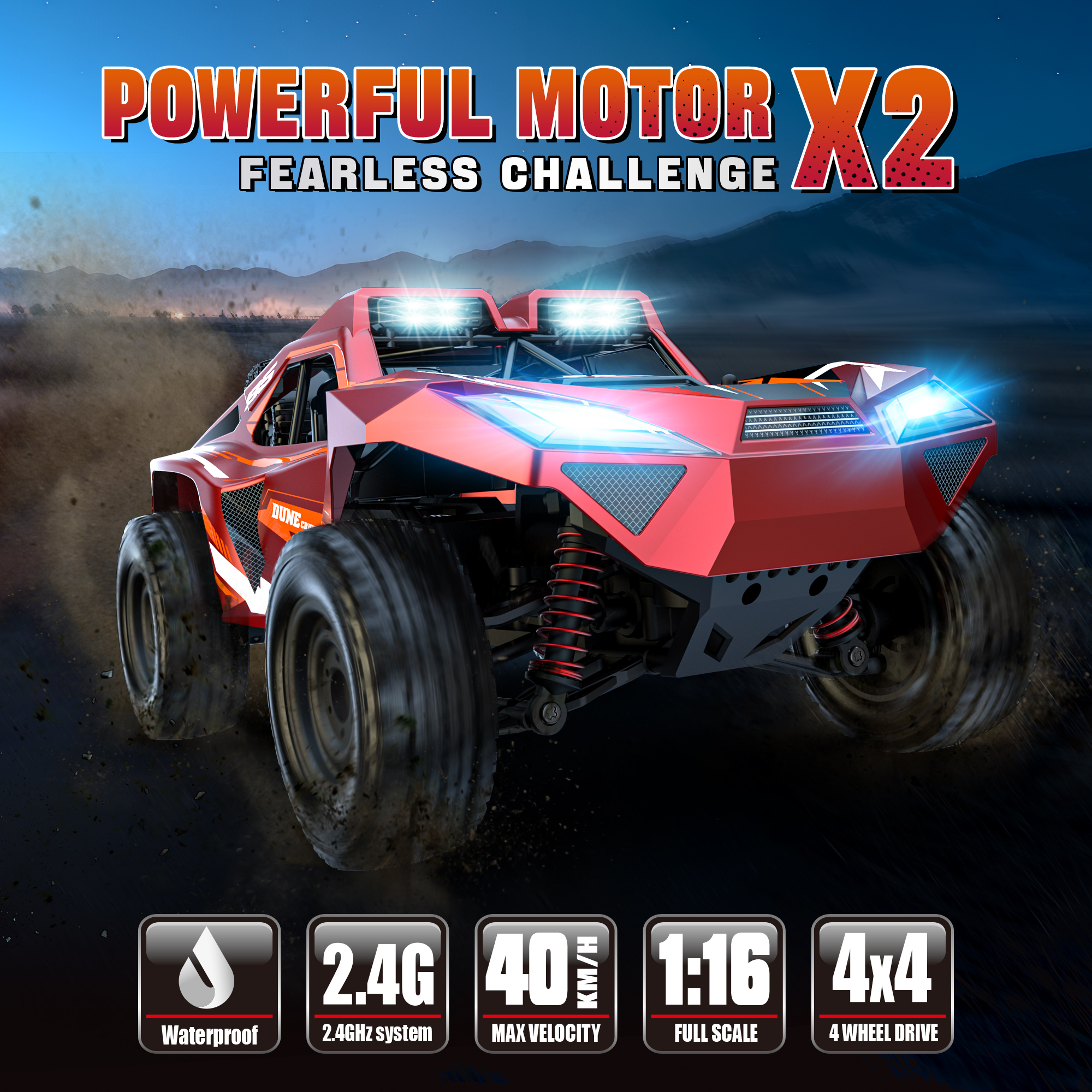 RC Car, 1:16 Scale Remote Control Monster Truck, 4WD Electric Vehicle with 2.4 GHz Remote Toys, 30 MPH RC Cars with LED Bodylight and 2 Batteries for Boys Girls