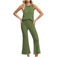 thumbnail image 3 of BiZtdJrK Daily Sales of the Day Womens Sleeveless Tank Tops and Trousers Knit Sweaters 2 Piece Outfits Solid Color Vest Matching Flared Wide Leg Pant Lounge Sets Green XL, 3 of 6