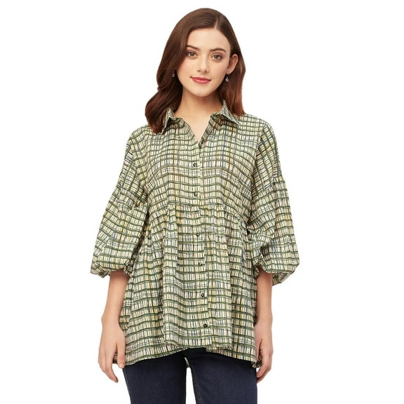 Moomaya Printed Cotton Shirt Top - Shirt Collar, Relaxed Fit Everyday Top