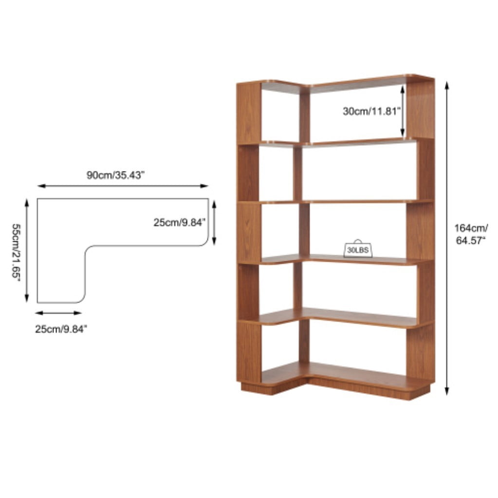5-Tier L-Shaped Corner Bookshelf, 35.43" Freestanding Wooden Bookcase with Anti-Drop Panels & Anti-Tip Device, Open Display Storage for Living Room, Bedroom & Home Office, Dark Oak