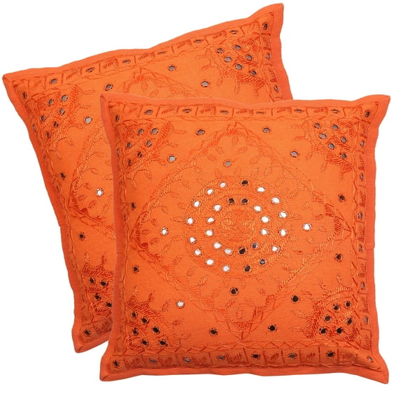 Stylo Culture Indian Decorative Throw Pillow Covers 24 x 24 Big Hand Embroidered Orange Boho 60 x 60 cm Home Decor Cotton Mirrored Square Cushion Covers | Set Of 2