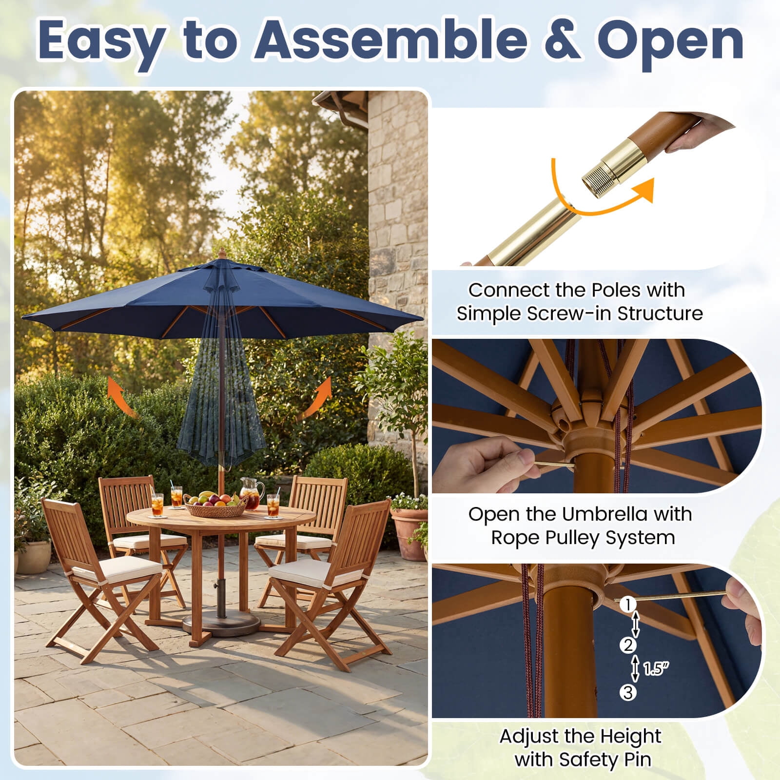 Costway 9 FT Patio Umbrella with Adjustable Height, Rope Pulley Lift, Vented Top for Beach Navy Blue
