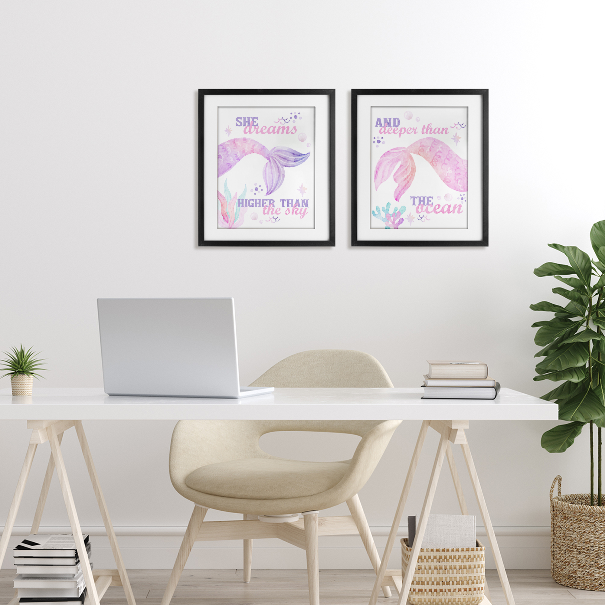 Mermaid Dreams Ocean & Sky 2 Piece Black Framed Print Under Glass Set, design by Kim Allen