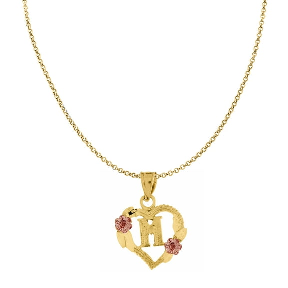 Genuine 14k Two-tone Gold 0.66" Floral Heart Initial M Pendant Necklace 16", 18", 20", 22" Trendy Charm Initial Necklaces for Women