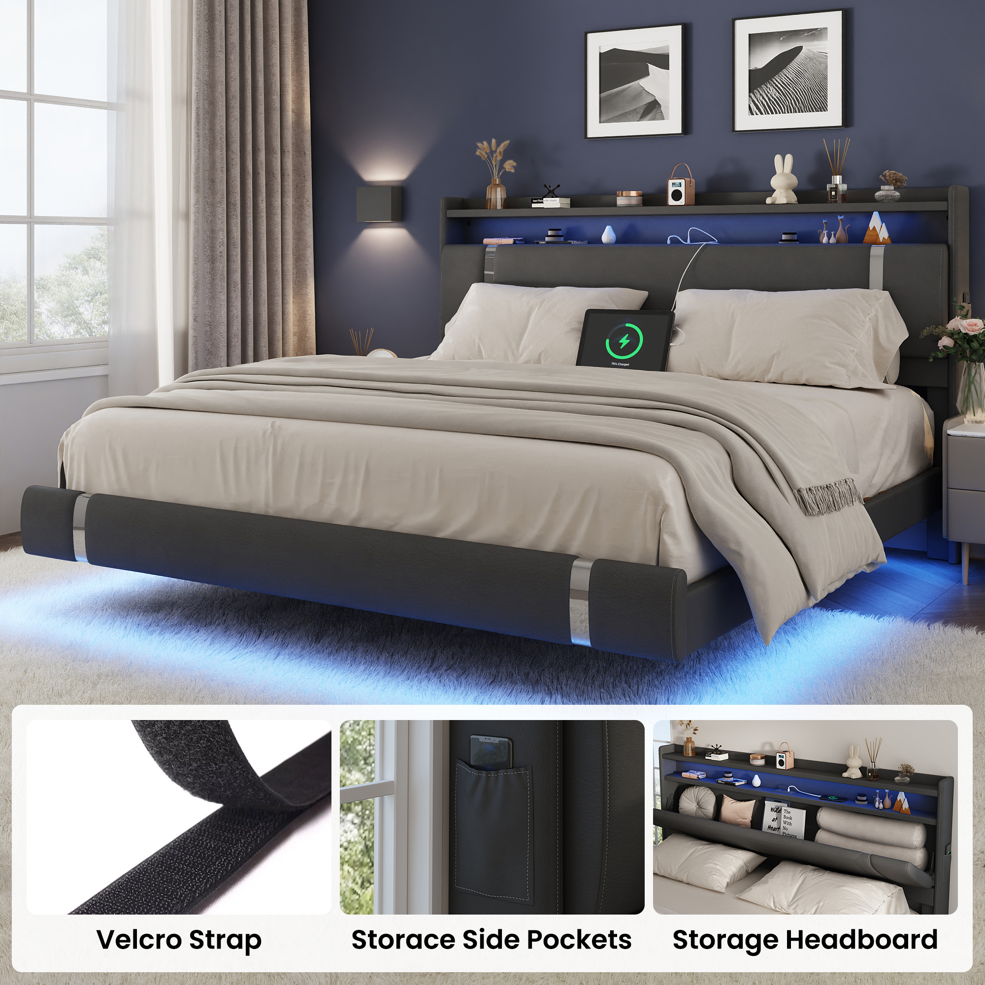 NEGYLIM Floating Bed Frame King Size with LED Lights, Easy to Assemble, Metal Platform Bed with Storage Headboard, No Box Spring Needed, Black