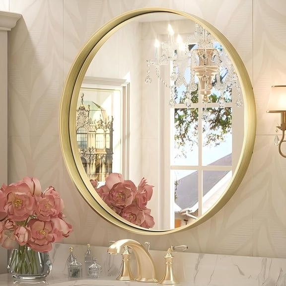 Anyrose 24"x24" Deep Frame Bathroom Mirror Round Wall Mounted Mirror,Gold