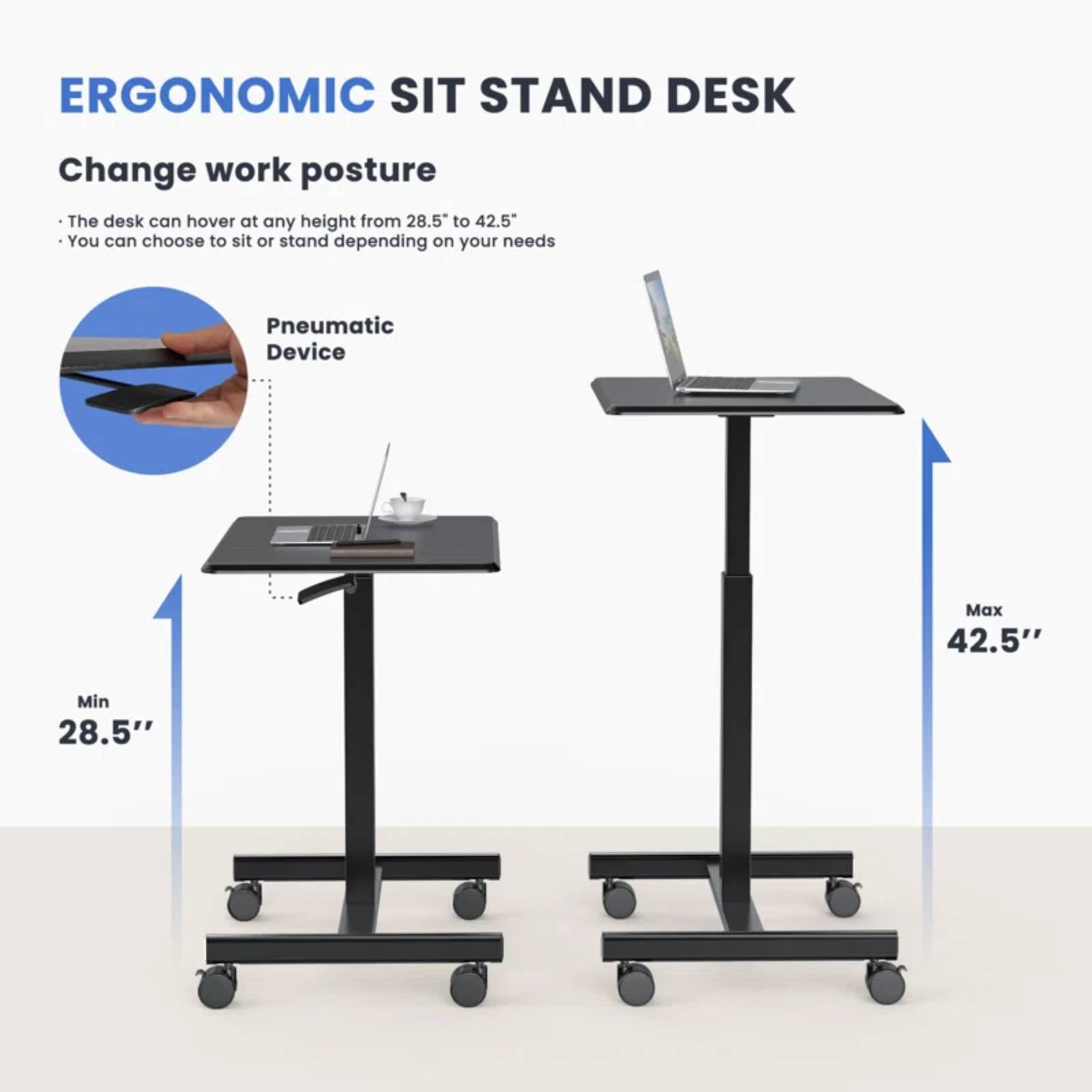 Small Mobile Standing Desk, Adjustable Rolling Laptop Table with Locking Wheels for Home Office, Black
