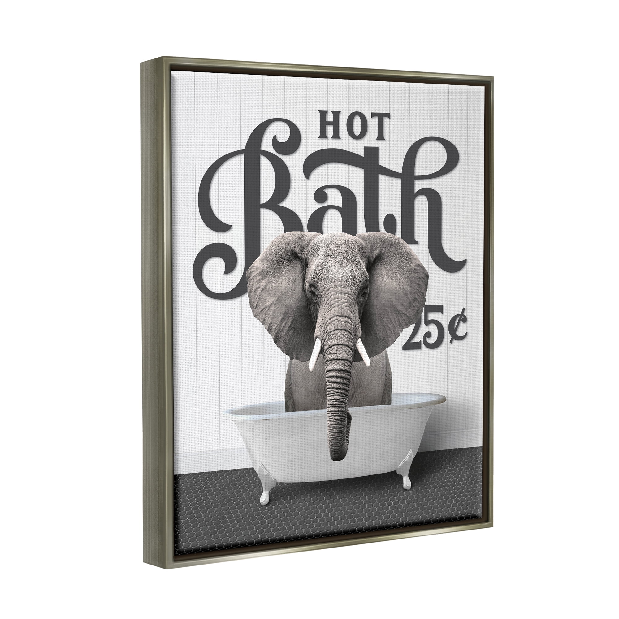 Stupell Industries Vintage Hot Bath Elephant Animals & Insects Painting Gray Floater Framed Art Print Wall Art, 17 x 21