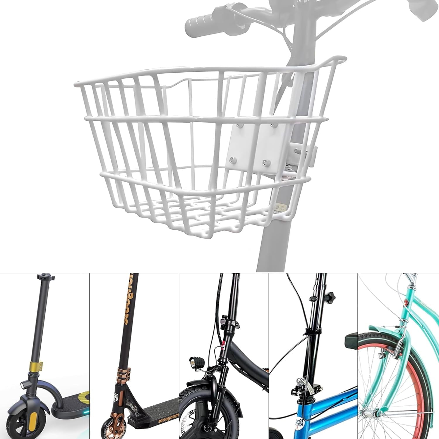White Metal Anti-Sag Front Bicycle Basket for Scooters