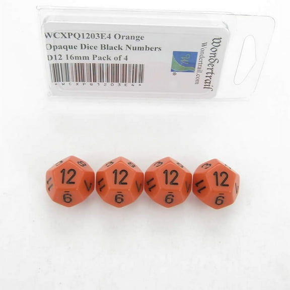 Orange Opaque Dice with Black Numbers D12 Aprox 16mm (5/8in) Pack of 4 Wondertrail
