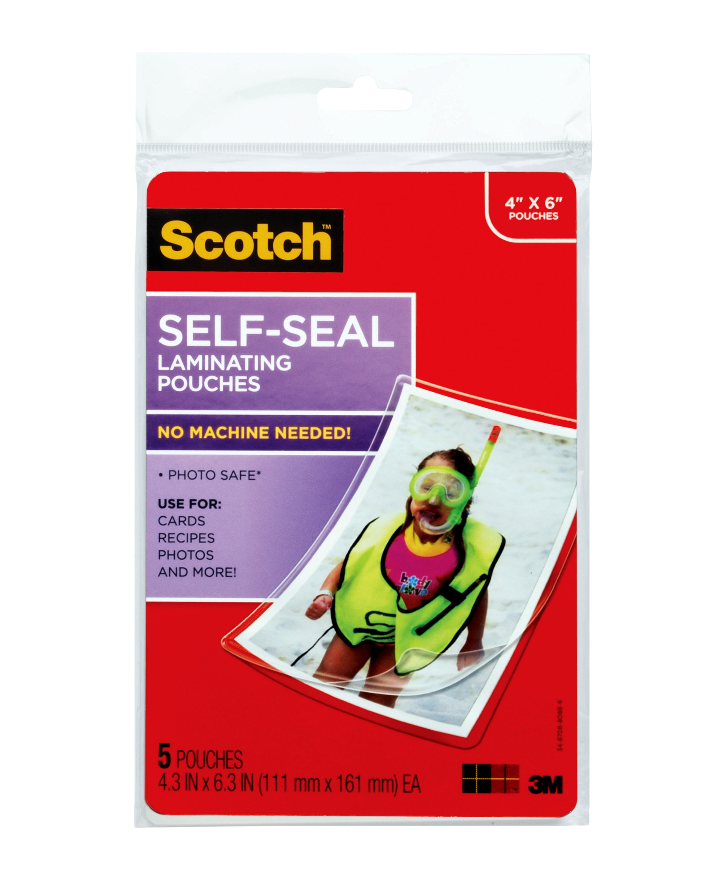 Scotch SelfSealing Laminating Pouches, 5 count, 4"x6", 9.50 mil Thick