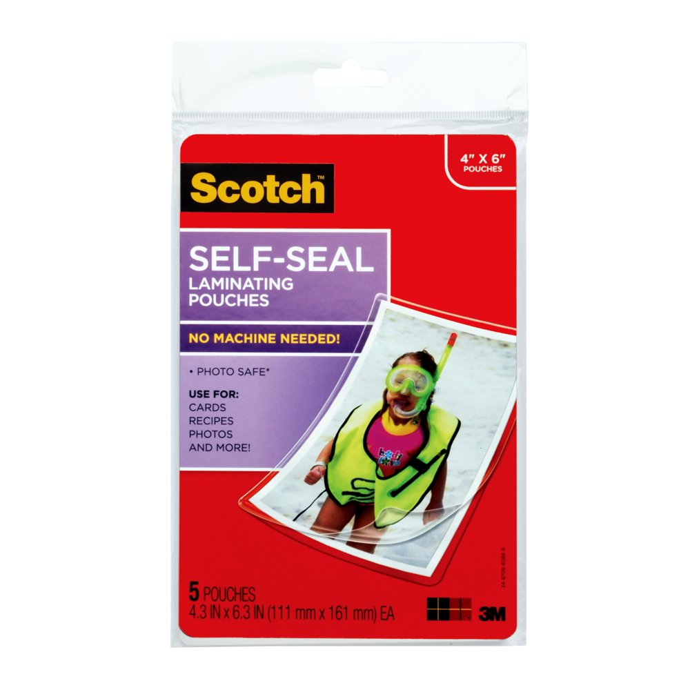 Scotch SelfSealing Laminating Pouches, 5 count, 4"x6", 9.50 mil Thick