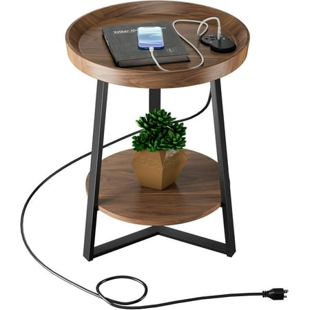 Round End Table with Storage Shelf Farmhouse Side Table Nightstand for Living Room Bedroom Wood Tabletop & Metal . * . * .