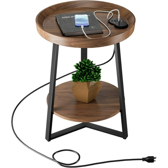 Round End Table with Charging Station, USB Ports, Wood Tabletop & Black Metal Frame, 2-Tier Side Table for Living Room, Bedroom, Brown 15.7 * 15.7 * 23.0inches