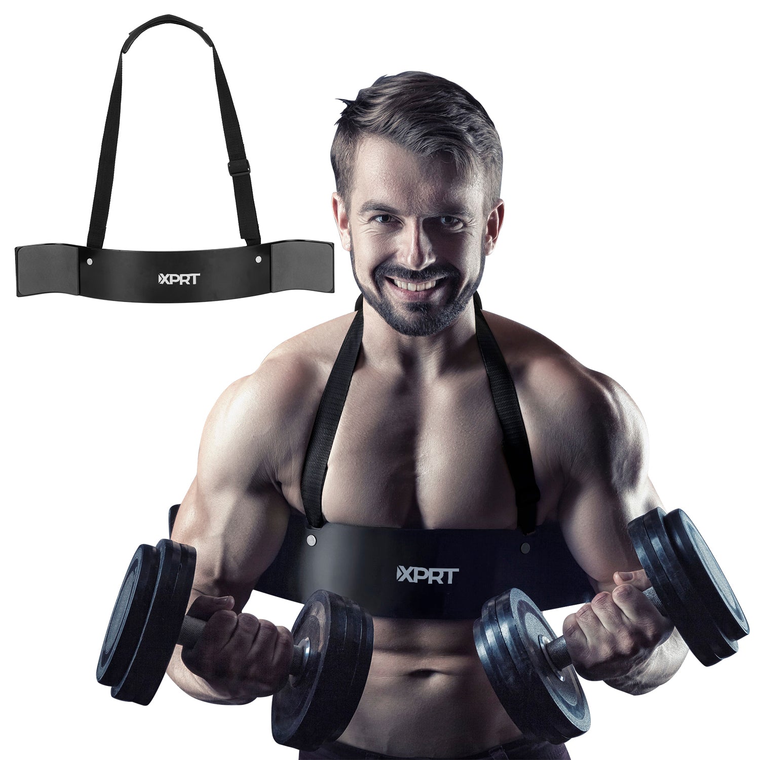 XPRT Fitness Arm Blaster for Bicep Curl Training, Aluminum Arm Support Bar with Neck Pad and Adjustable Strap, Black