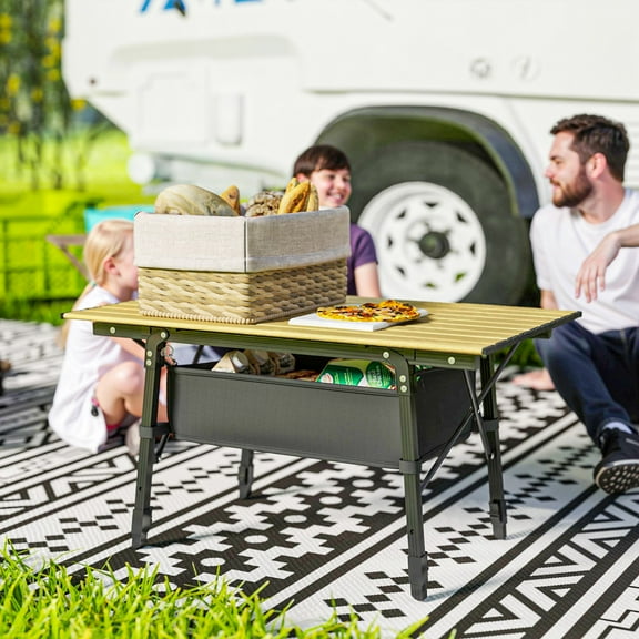 Outsunny 3ft Portable Camping Table, Adjustable Height Aluminum Small Folding Table with Storage Bag, Brown