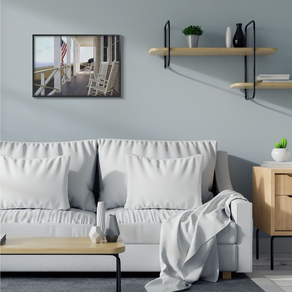 Stupell Industries Americana Rocking Chair Cape Porch Realistic Painting Framed Wall Art Design by Zhen-Huan Lu, 24" x 30", Black Framed