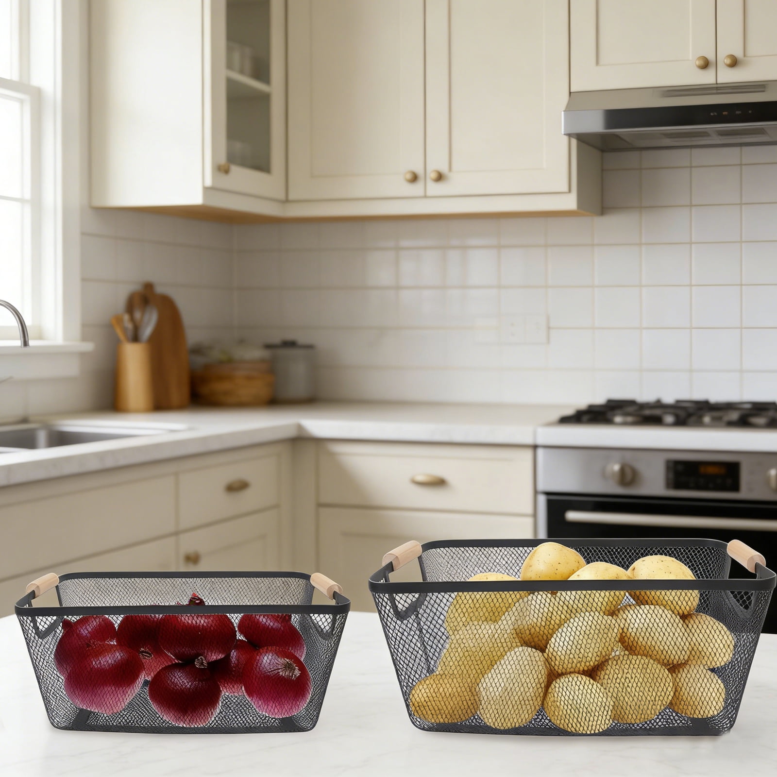 Pethiy 2-Pack Large Capacity Potato Onion Storage Container, Metal Storage Basket with Ventilated Design, Vegetable Storage Organizer Bin - Black