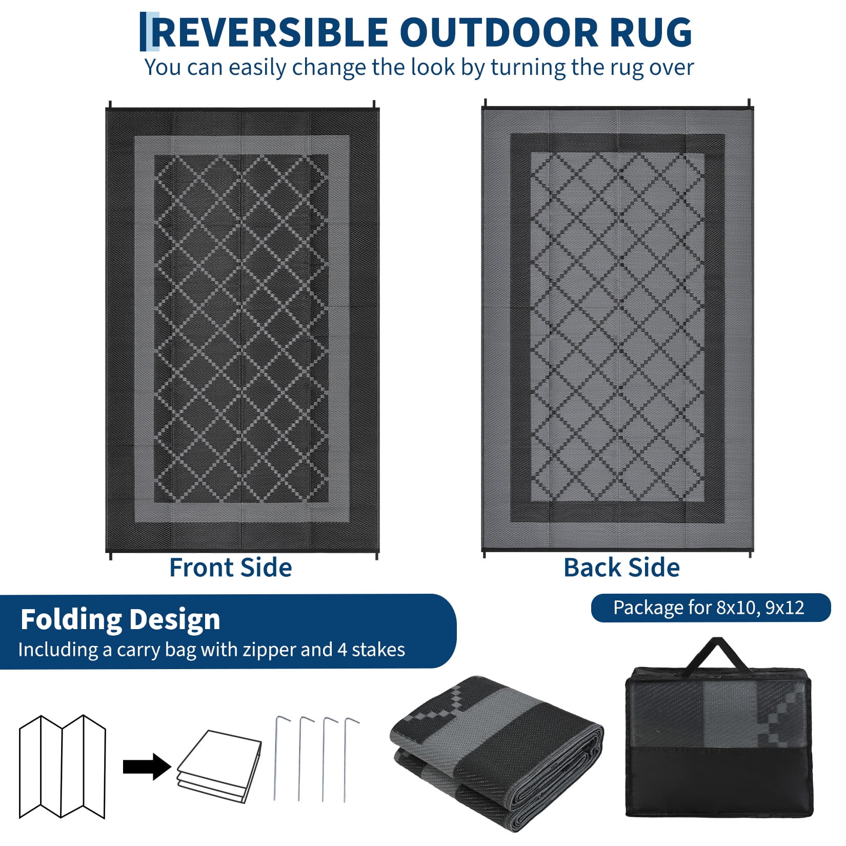 HIWEAVER 8' x 10' Black/Gray Outdoor Rug PP Plastic Straw Woven Waterproof Patio Rug with Border Portable Outside Carpet for Balcony Deck Picnic Garden Decor
