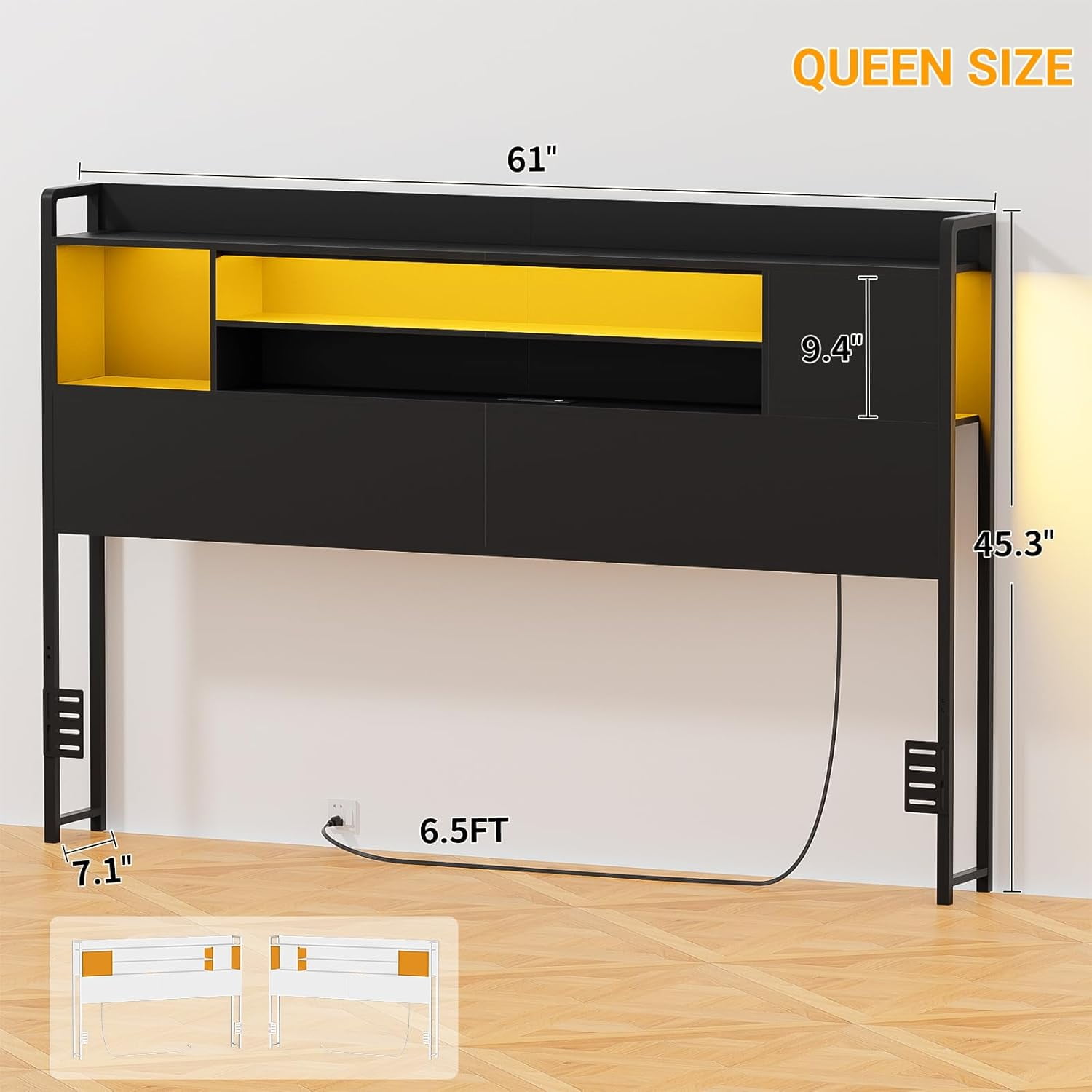 Homieasy Headboard for Queen Size Bed, Bookcase Style Head Board with Power Outlet and RGB LED Light, Reversible Headboard with Storage, Height Adjustable, Sturdy and Stable, Black