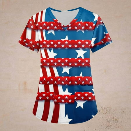 

TKing Fashion Womens Summer Plus Size Independence Day Short Sleeve V-Neck Printed Tops Scrub Loose Nursing Working T-Shirt with Pocket Red 5XL
