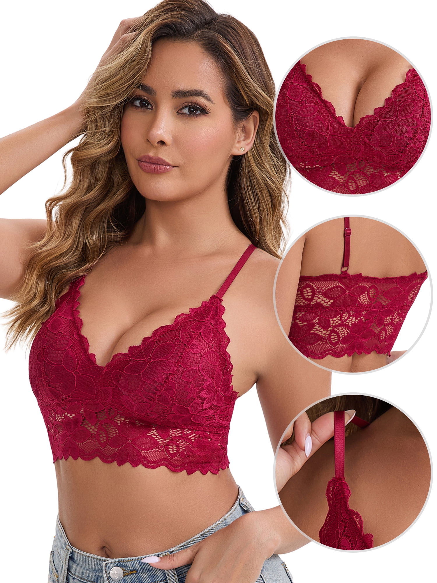 DARING DIVA Women's Deep V Adjustable Straps Lace Bralettes Camisole L Wine Red