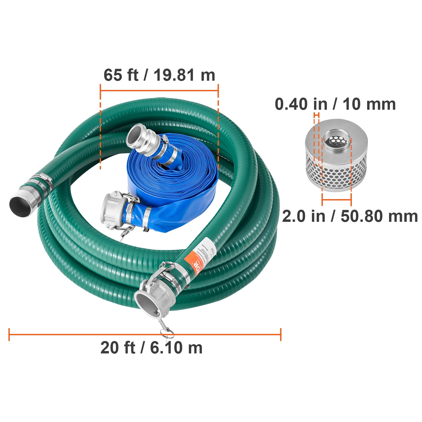 VEVOR Suction Hose Kit for Water Pump, with 2 in x 65 ft Blue Backwash Hose, 20 ft Green Suction Hose, and Steel Round Hole Strainer, Camlocks, Clamps, Cam & Groove Adapter, for Multiple Purposes