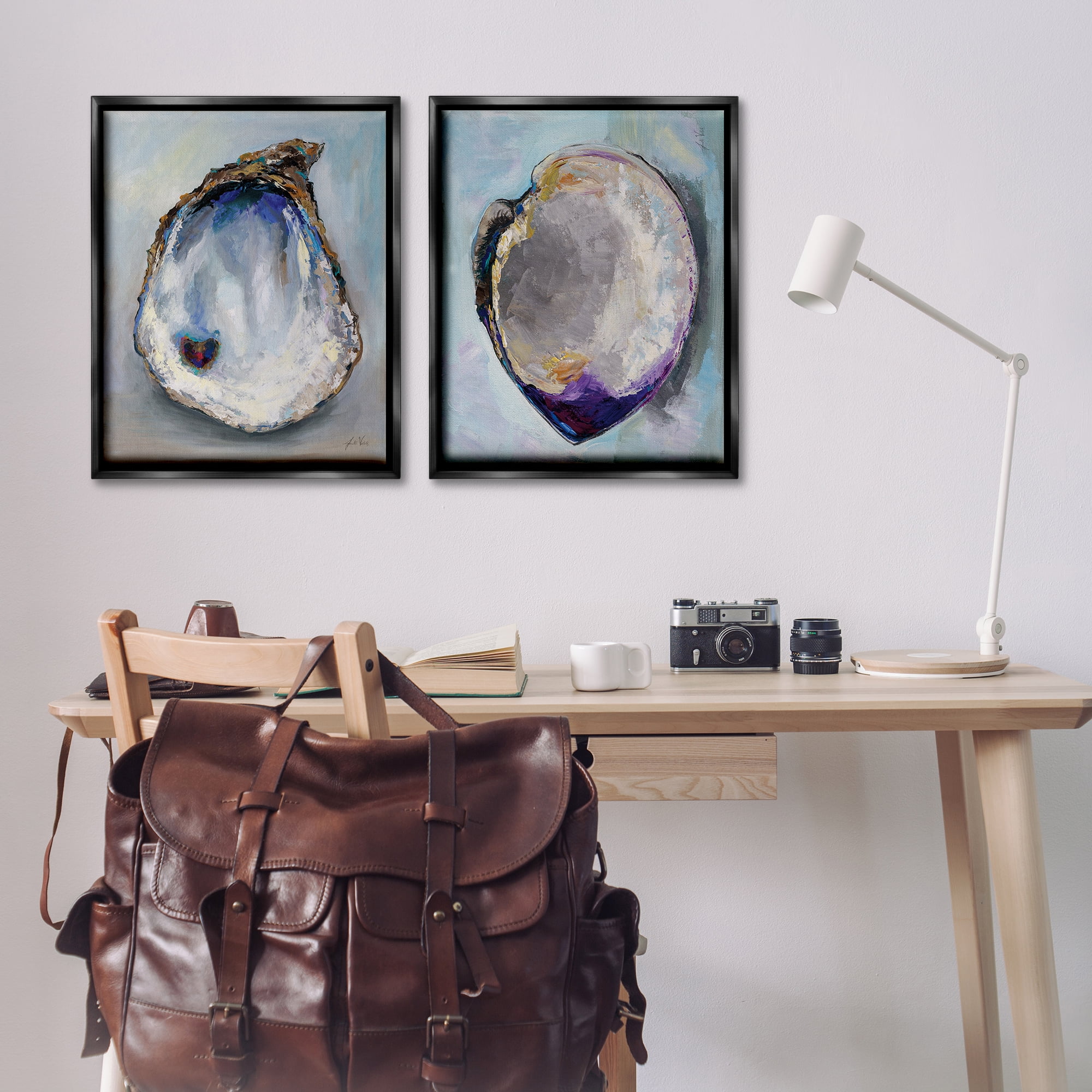 Stupell Industries Open Oyster Clam Shell Nautical & Beach Painting Black Floater Framed Canvas Art Print Wall Art, 31 x 25, Set of 2