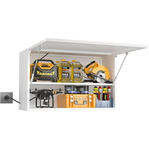 Metal Garage Wall Cabinet, Wall Storage Cabinet with Locking Door, Adjustable Shelf, Wall Mount Shop Cabinet, Flip Up Wall Mounted Cabinet, White Upper Storage Steel Tool Cabinet, Assembly Required