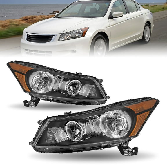 For 2008 2009 2010 2011 2012 Honda Accord Sedan Black Amber Headlights Pair