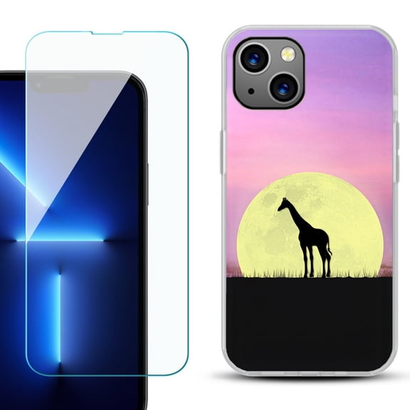 Slim-Fit Gel TPU Phone Case for iPhone 14, with Tempered Glass Screen Protector, by OneToughShield ® - Moonlight Giraffe