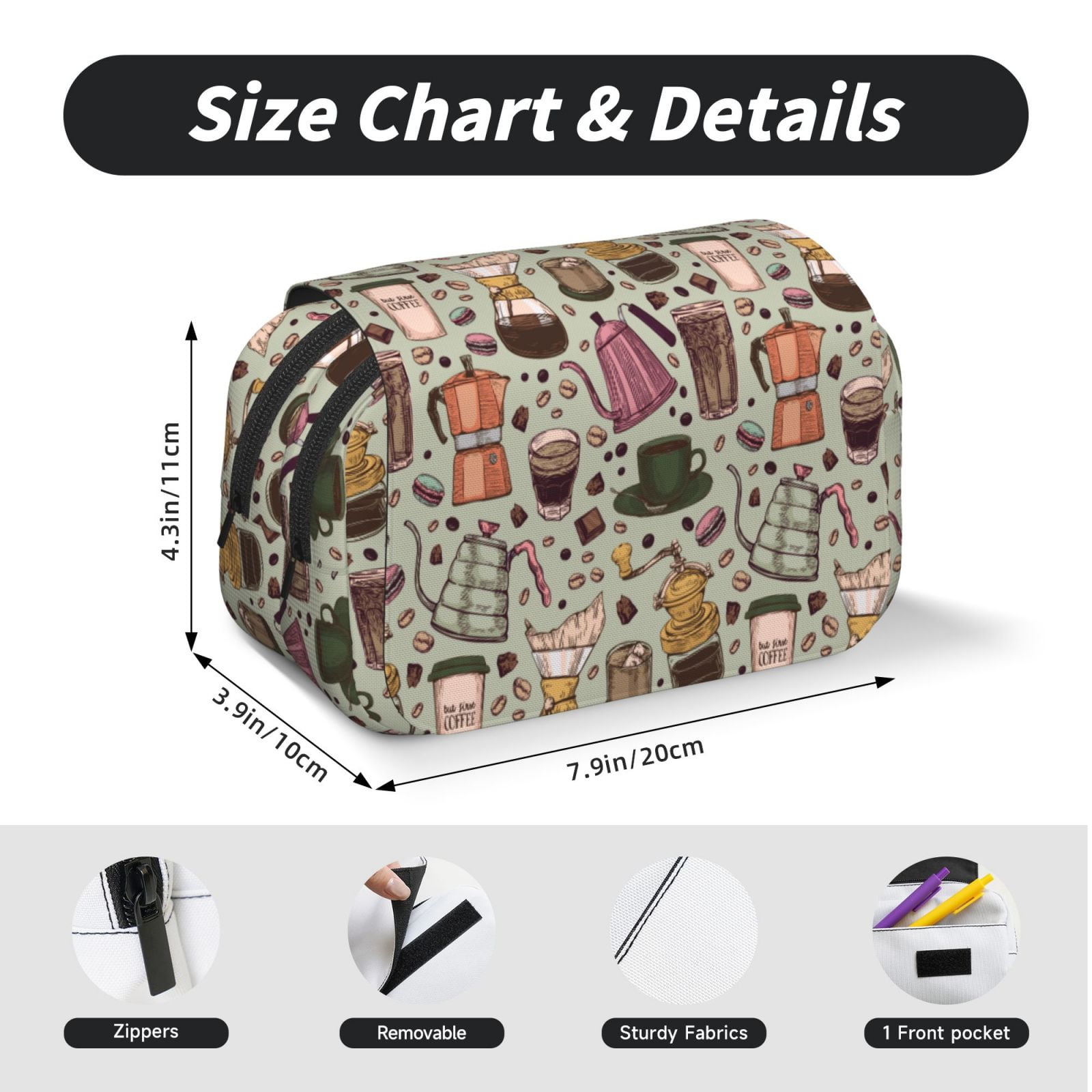 Rateoe Coffee pots cup Pattern Double Clamshell Pen Case, Storage Organizer with Two Zipper Compartments– Holds Up to 50 Pencils & Pens
