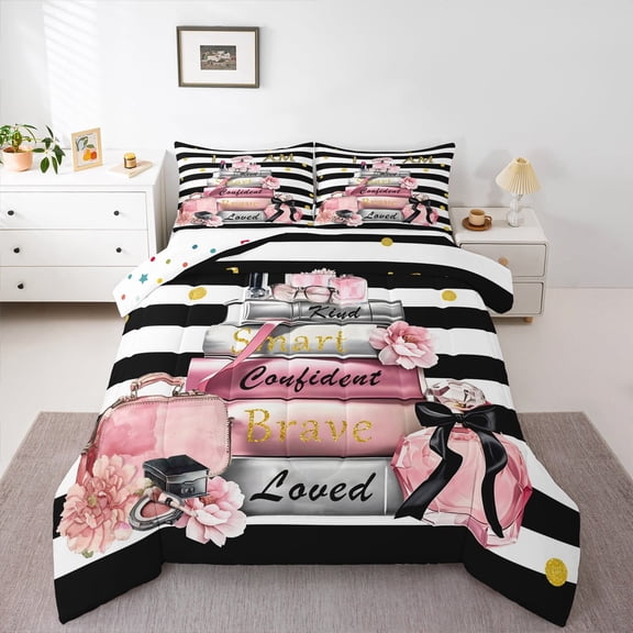Erosebridal Romantic Makeup Comforter Sets King Size,Floral Flower Comforters & Duvets,Black White Geometric Stripes Bedding King Comforter Set,Room Decorative Reversible,3-Piece