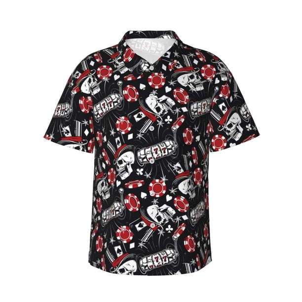 Fotbe Vintage Skull Casino Camisa Hawaiana para Hombre Unisex – Camisa Casual de Verano con Botones de Manga Corta de Algodón y Lino,Medium