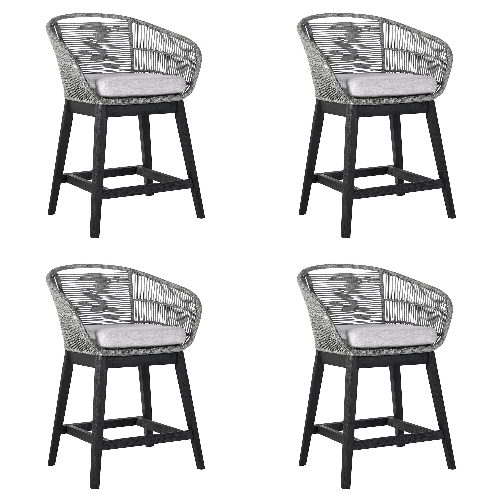 Tutti Frutti Indoor Outdoor Counter Height Bar Stool in Black Brushed Eucalyptus Wood with Gray Rope - Set of 4