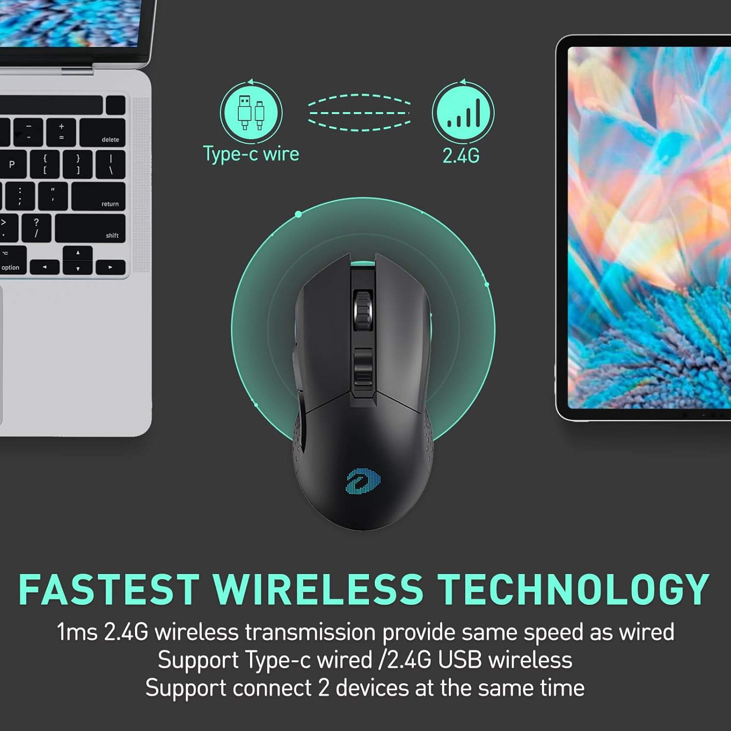 DAREU Dream Purple Wireless Gaming Mouse with Charging Dock Rechargeable RGB,12K DPI,7 Programmable Buttons High-Precision Sensor [300IPS] [1000Hz] for PC Notebook Mac