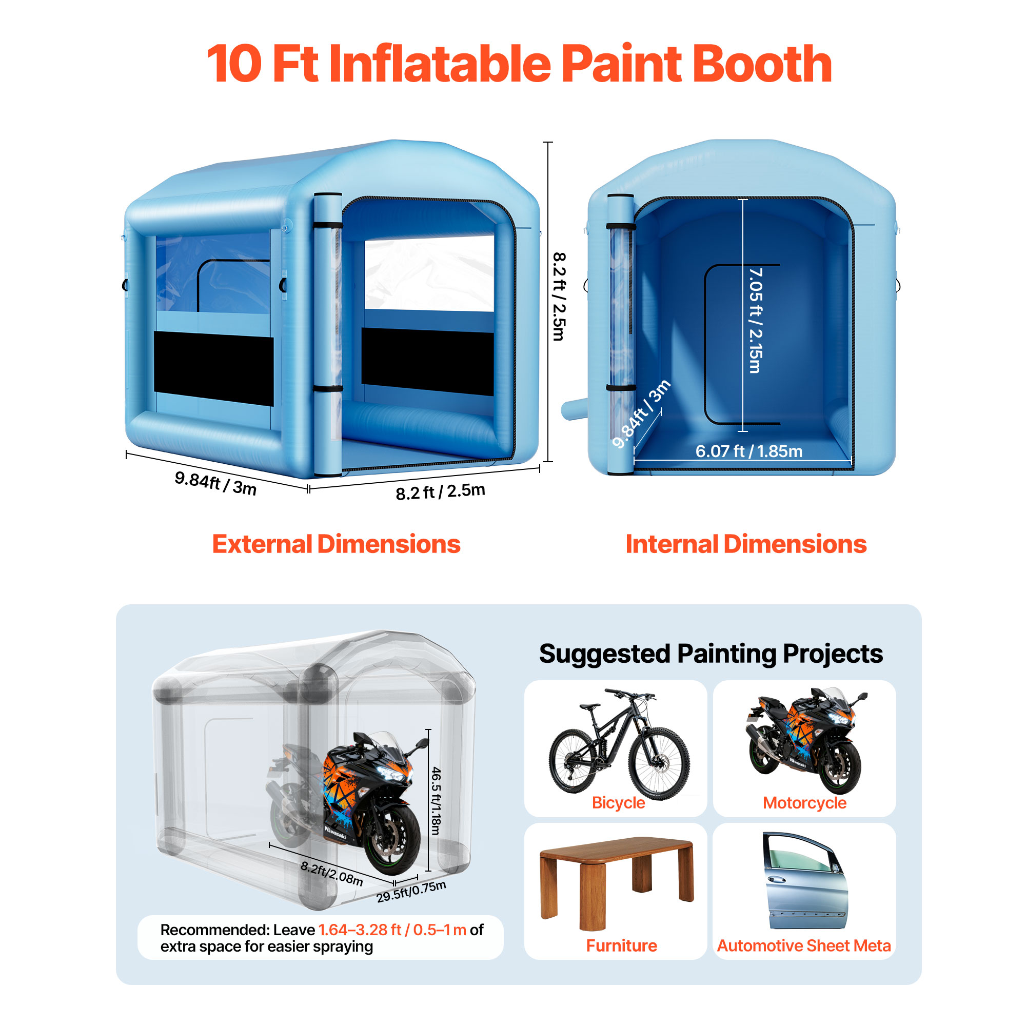 KFFKFF Inflatable Paint Booth, 9.84 x 8.2 x 8.2 ft, Spray Booth with 550W Blower and Air Filtration System, Rounded Roof with Light Attachment, Suitable for Painting Bikes, Motorcycles, and Furniture