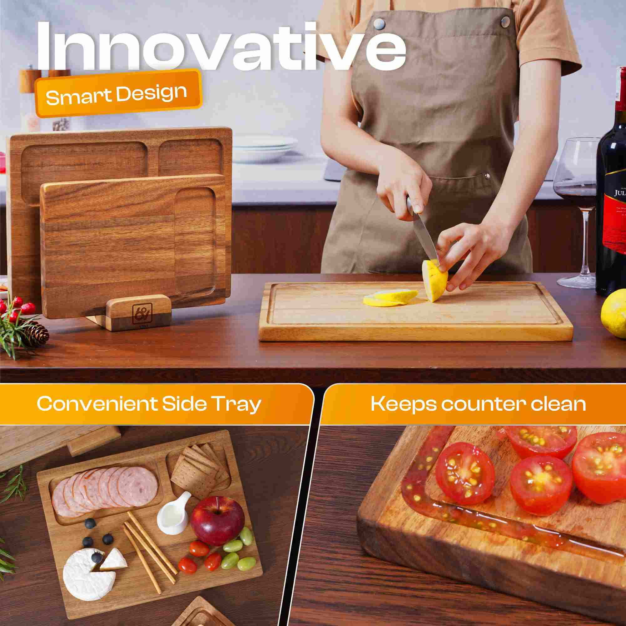 AN68 Acacia Wood Cutting Board Set of 3 – Reversible 2-in-1 Butcher Blocks & Serving Trays, 100% Natural Hardwood with Juice Groove, Gift Box Ready