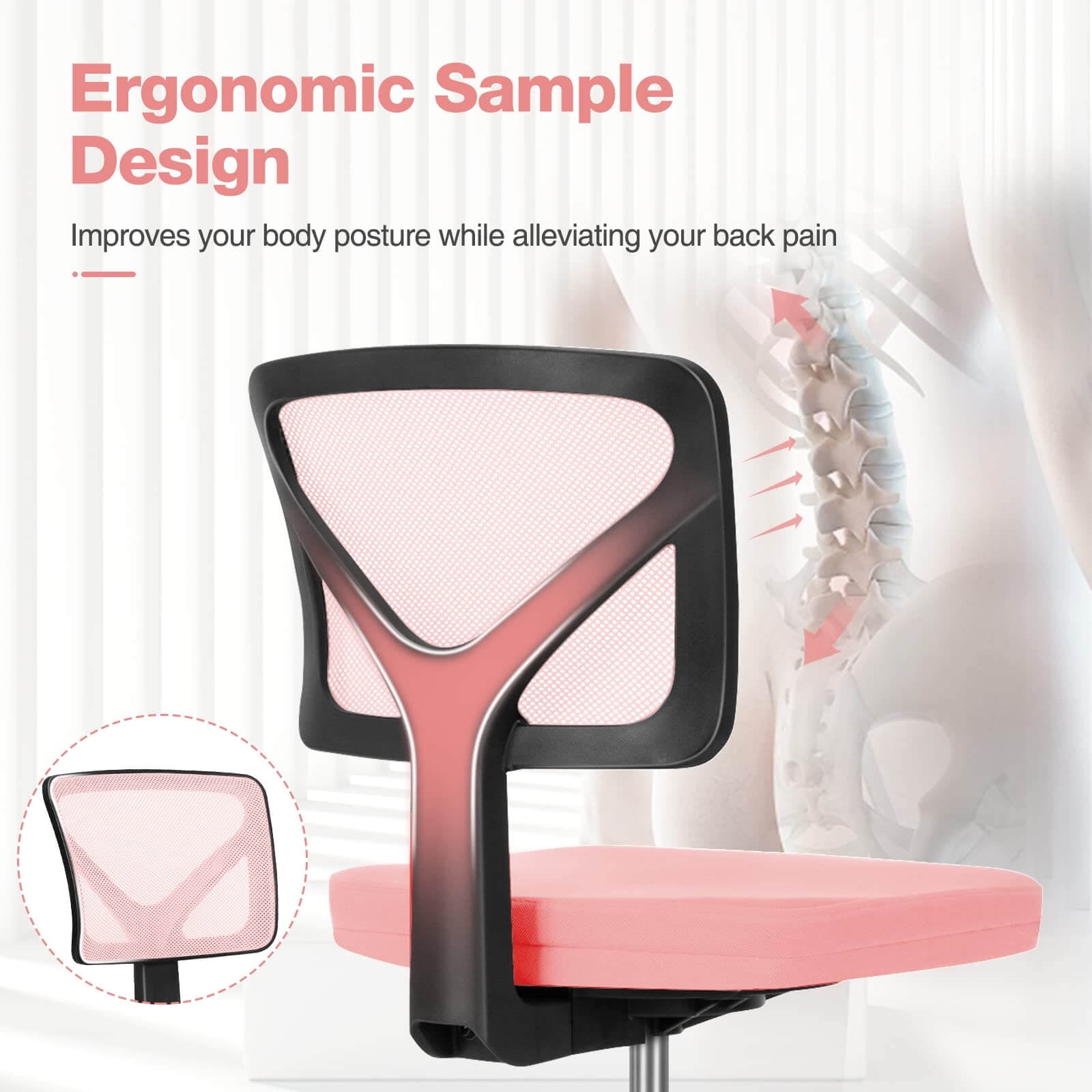 wOod-it Home Office Chair Mesh Armless Computer Desk Chair Ergonomic Computer Desk Task Rolling Swivel Chair Adjustable Modern Chair with Lumbar Support,Pink