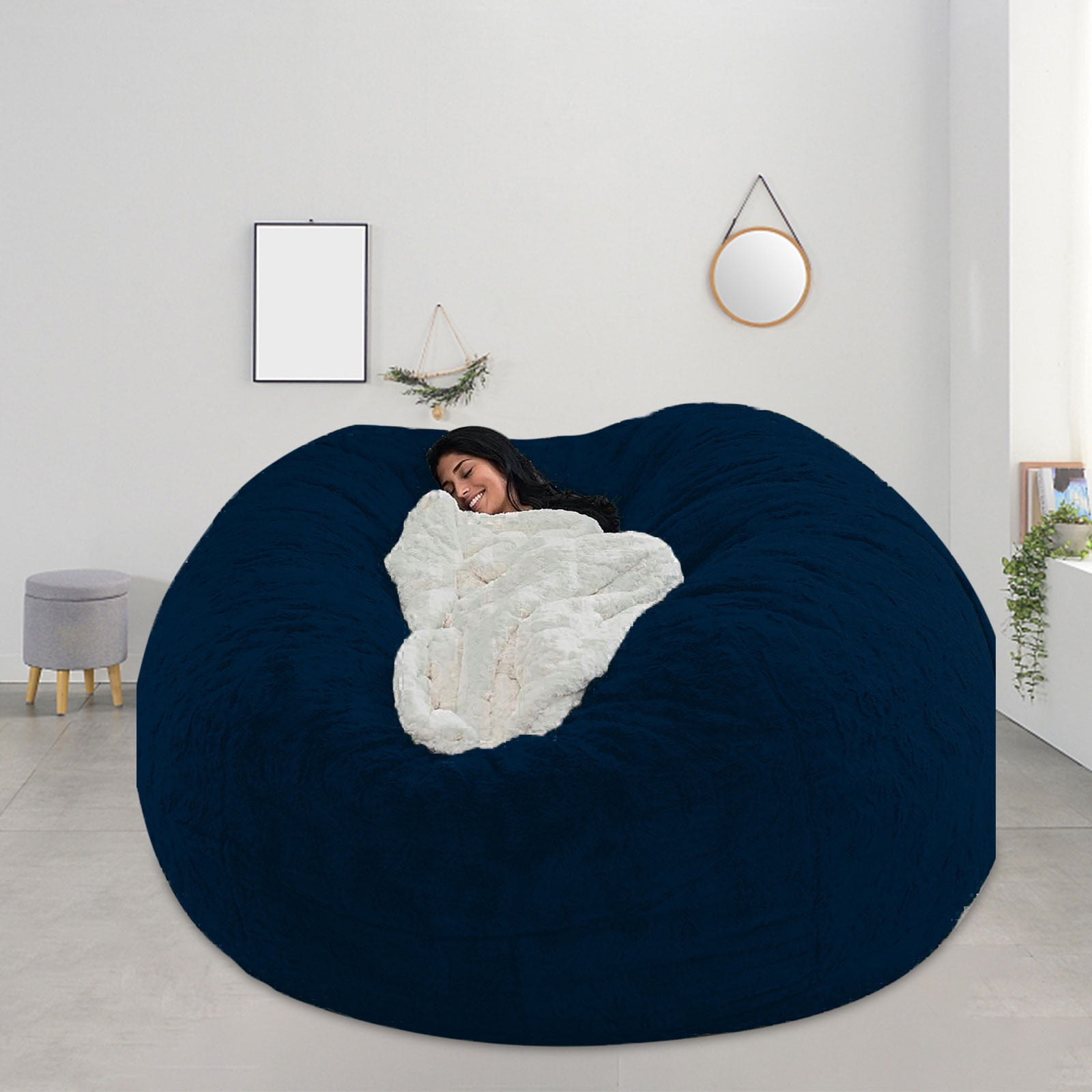 DAMAI Round Giant Bean Bag Chair Cover for Adults, Big Round Soft Fluffy Faux Fur Bean Bag Lazy Sofa Bed Cover, (No Filler) Living Room Furniture Round Fluffy Faux Fur Beanbag Lazy Sofa Bed Cover