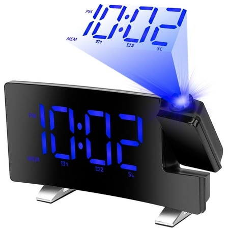 (LK-LTD)--1Pc Projection Alarm Clock With Radio Function Curved Screen LED Digital Alarm Clock With Dual Alarms 4 Dimmer 12-24 Hour USB Charging Port 180Degree Rotatable Projection.--(j12l4]41)
