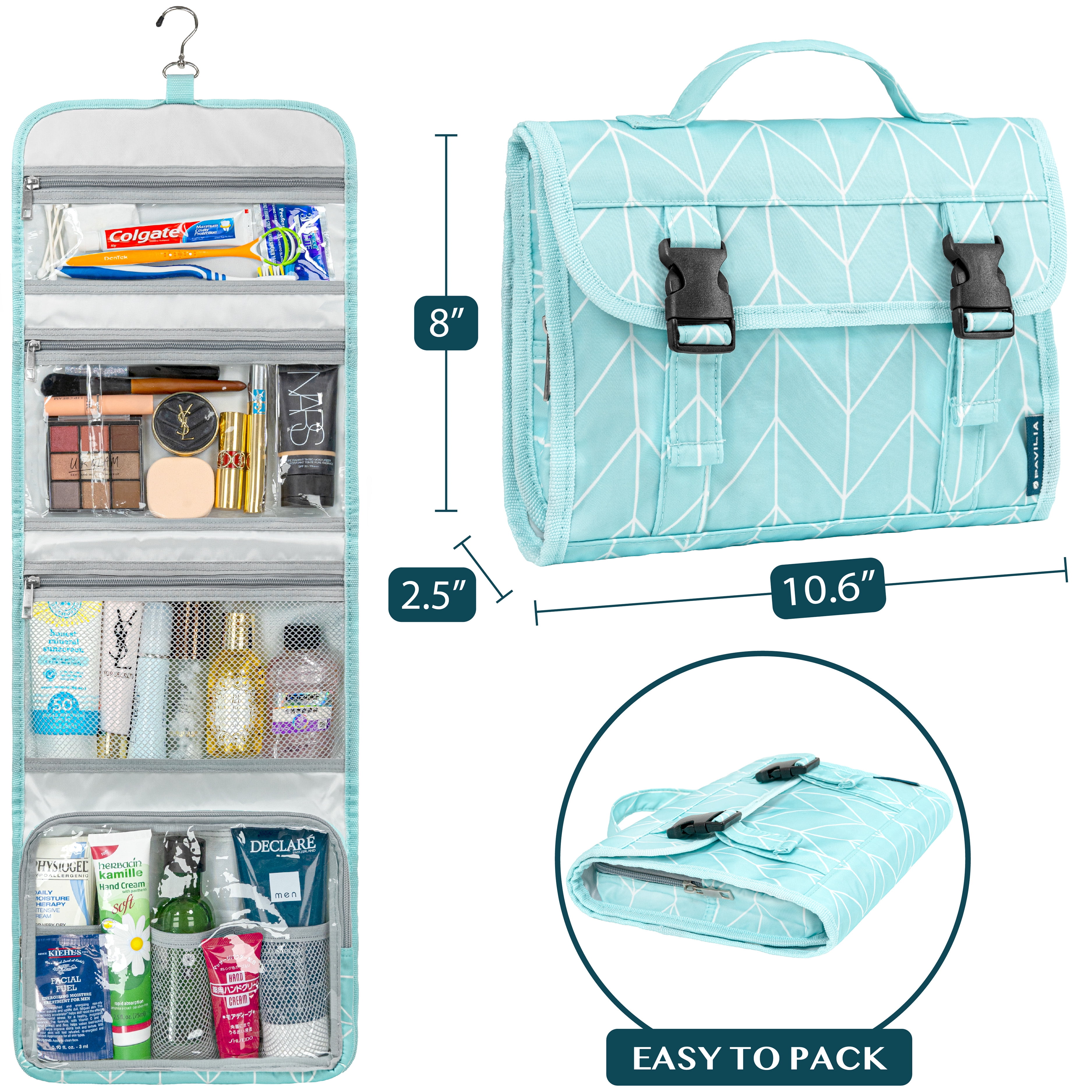 PAVILIA Travel Hanging Toiletry Bag for Women Men, Large Capacity Makeup Bag Kit, Waterproof Cosmetic Storage Organizer Case for Bathroom Shower, Teal Chevron