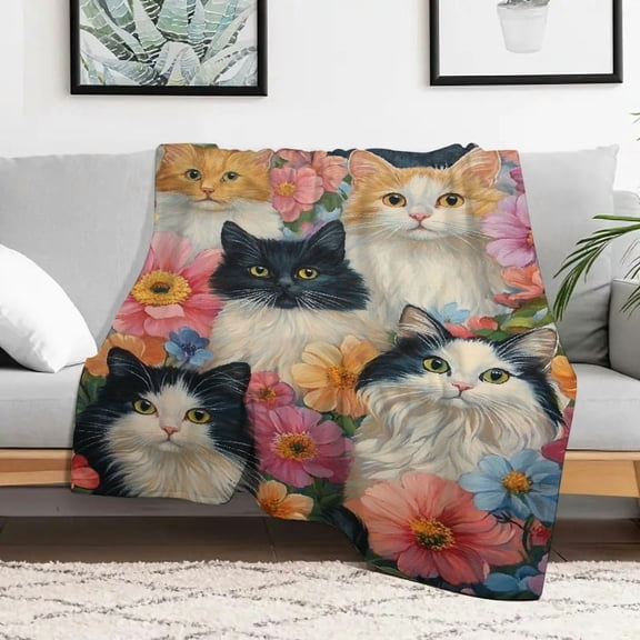 Creowell Cats Flowers Painting Flannel Blanket Soft Warm Cozy Gift 30x40in