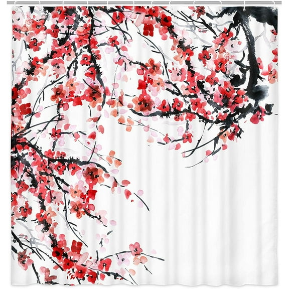 Japanese Cherry Blossom Cloth Fabric Bathroom Shower Curtain, Anime Spring Plum Red Pink Floral Sakura Flower Shower Curtain, Asian Traditonal Black and White Ink Painting Bathroom Accessory Sets,70in