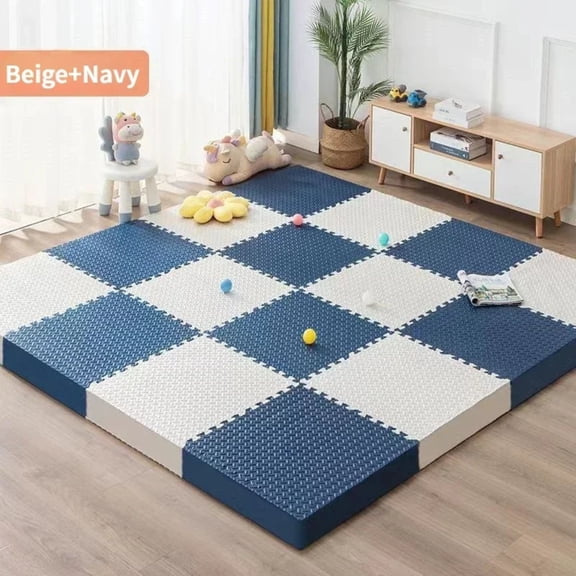 EVA Foam Interlocking Puzzle Floor Mat, 30x30cm Thick Checkered Foam Tiles for Home Gym Living Room, 4 Pieces, Blue White