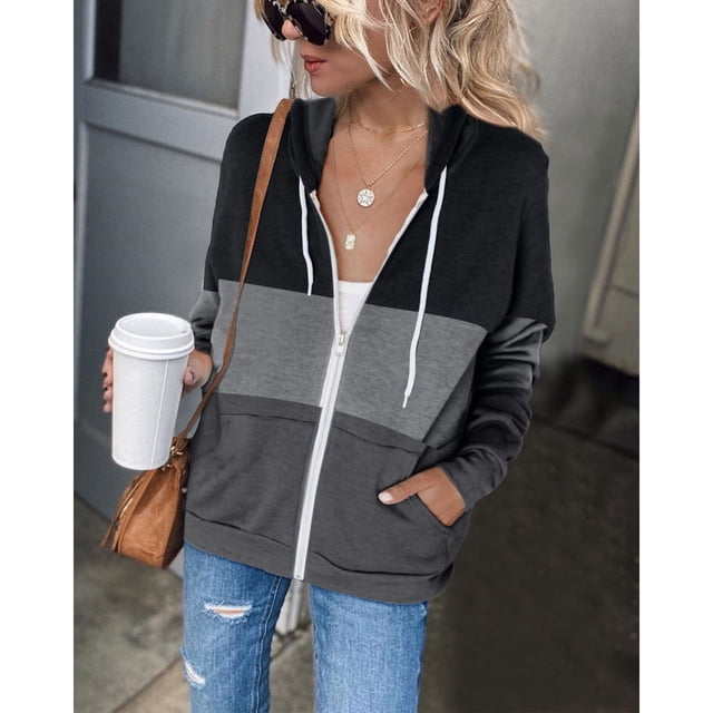 Abrigo Con Cremallera Para Mujer, Color De Contraste, Fácil De Combinar, Abrigo Con Capucha Para Mujer A La Moda Para La Universidad ANGGREK XL negro