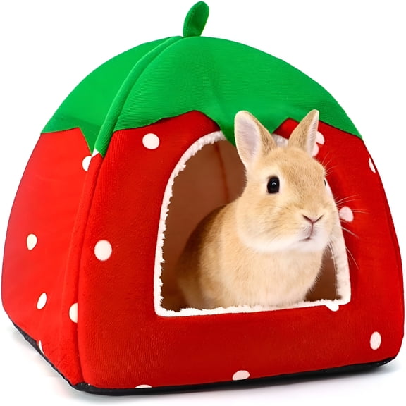 XIBUFE Rabbit Hideout, Washable Bunny Bed with Removable Pee Pad, Plush Indoor Rabbit House, Adorable Strawberry Design Small Animal Hideaway for Guinea Pig, Red