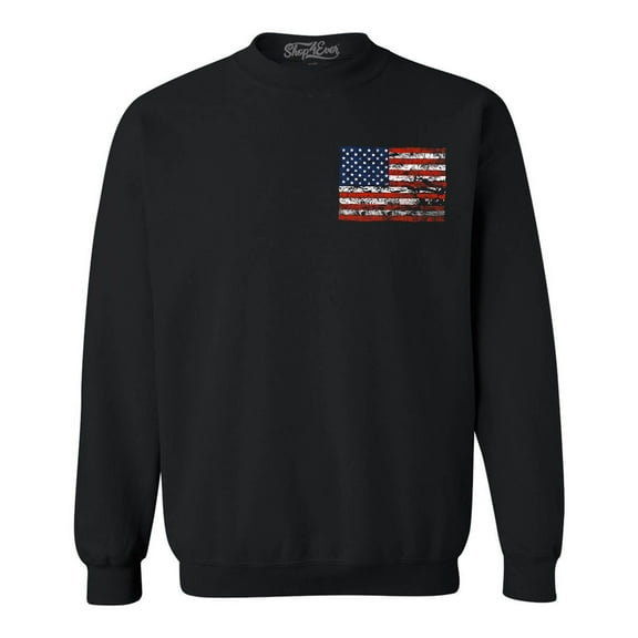 Shop4Ever Men's Distressed American Flag Pocket Size USA Patriotic 4th of July Crewneck Sweatshirt XX-Large Black